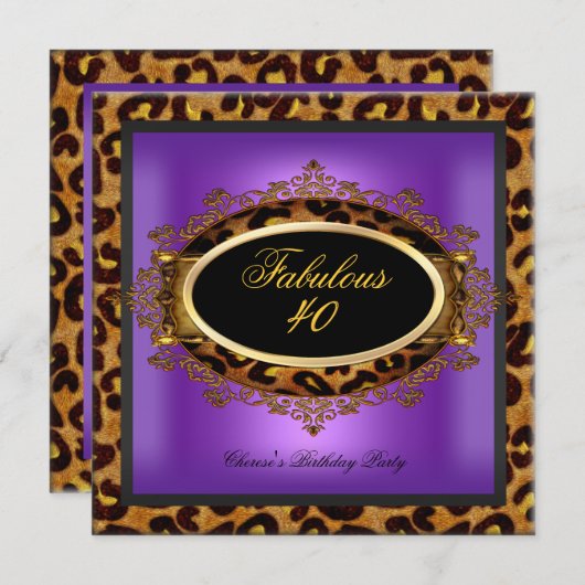Leopard Paars Gold Black Birthday Fabulous 40 Kaart (Voorkant / Achterkant)