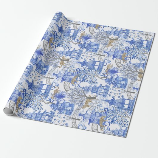 Leopard Party in de Pagoda Forest-Blue en White Cadeaupapier (Uitgerold)