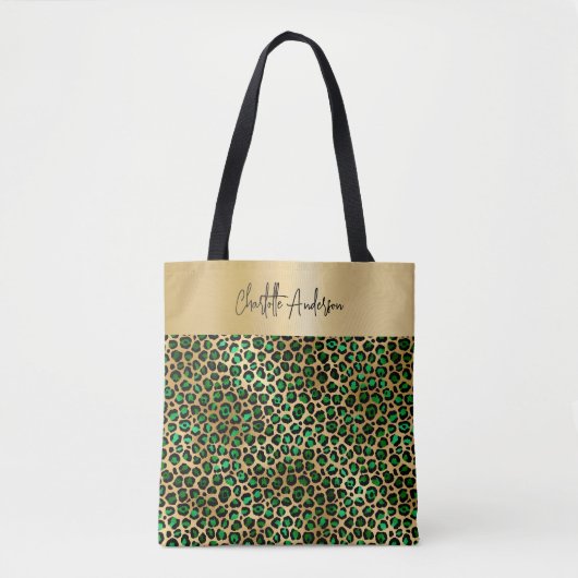 Leopard-patroon smarald green gold signatuur tote bag (Voorkant)