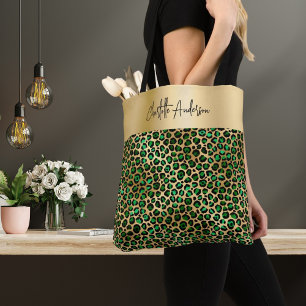 Leopard-patroon smarald green gold signatuur tote bag