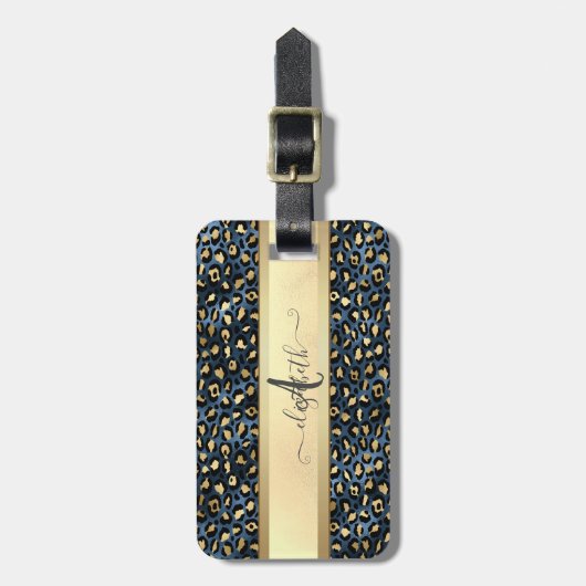 Leopard Pattern Black Bronze Monogram Bagagelabel (Voorkant verticaal)