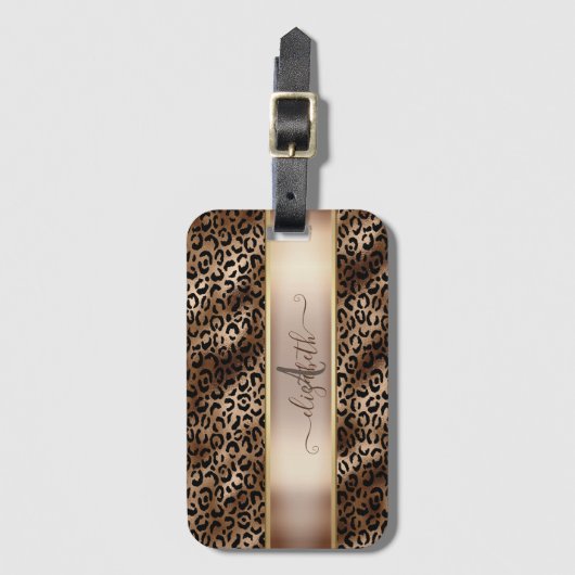 Leopard Pattern Black Bronze Monogram Bagagelabel (Voorkant (verticaal))