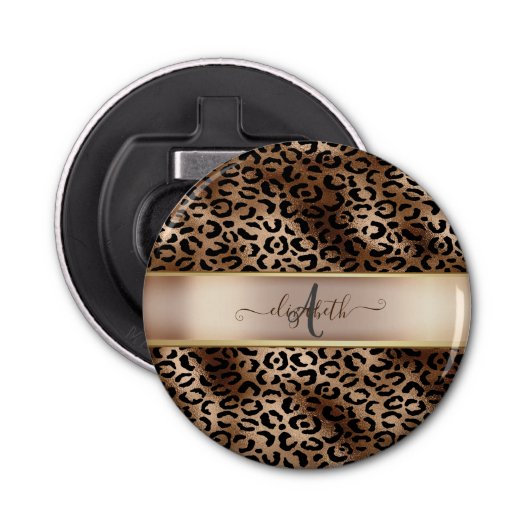 Leopard Pattern Black Bronze Monogram Button Flesopener (Voorkant)