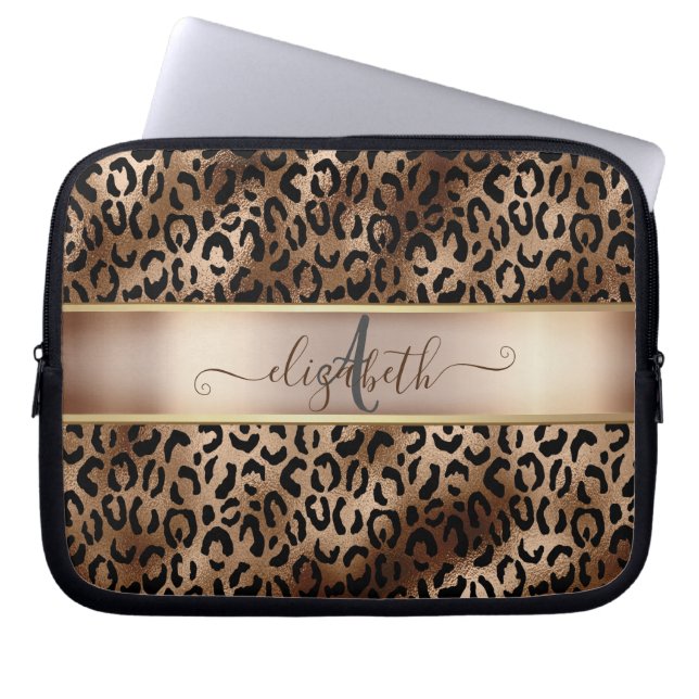 Leopard Pattern Black Bronze Monogram Laptop Sleeve (Voorkant)