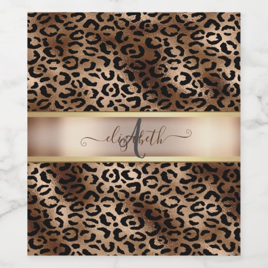 Leopard Pattern Black Bronze Monogram Wijn Etiket (Enkel label)