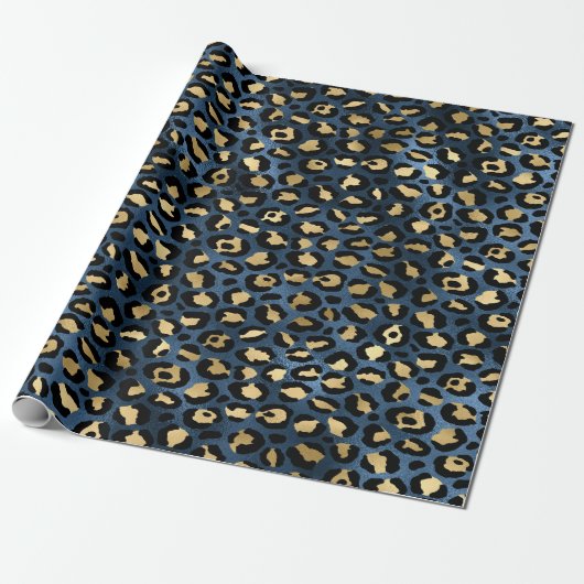Leopard Pattern Blue Gold Cadeaupapier (Uitgerold)