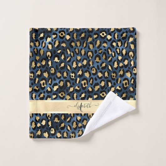 Leopard Pattern Blue Gold Monogram Bad Handdoek (Wasdoekje)