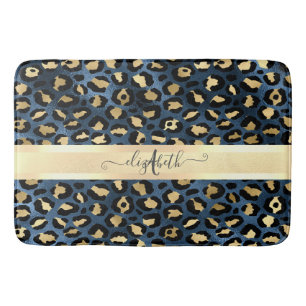 Leopard Pattern Blue Gold Monogram Badmat