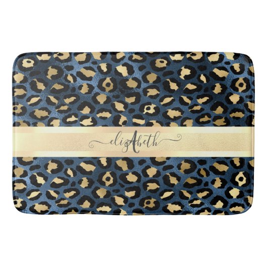 Leopard Pattern Blue Gold Monogram Badmat (Voorkant)