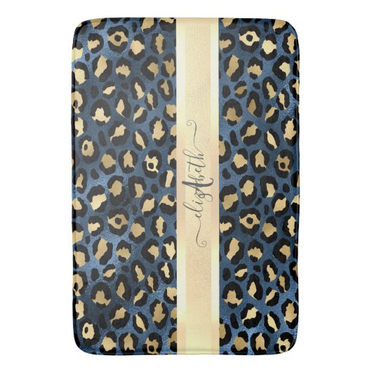 Leopard Pattern Blue Gold Monogram Badmat (Voorkant Verticaal)