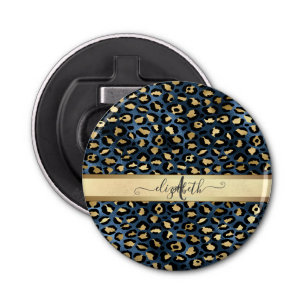 Leopard Pattern Blue Gold Monogram Button Flesopener