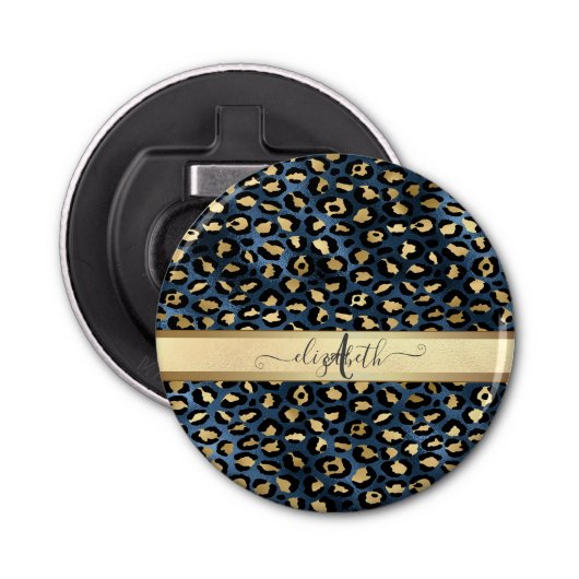 Leopard Pattern Blue Gold Monogram Button Flesopener (Voorkant)