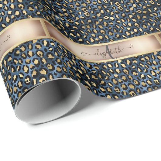 Leopard Pattern Blue Gold Monogram Cadeaupapier (Rol Hoek)