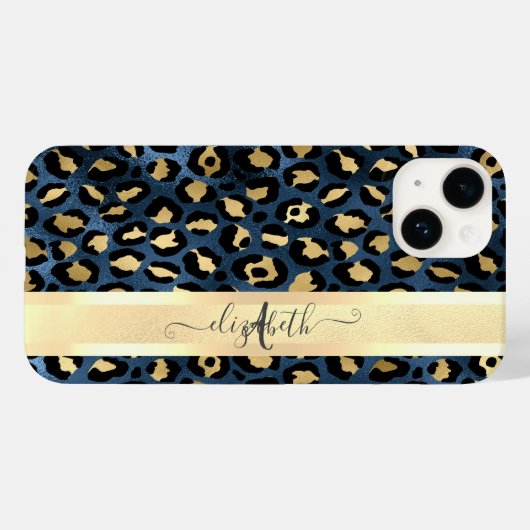 Leopard Pattern Blue Gold Monogram Case-Mate iPhone Case (Achterkant (horizontaal))
