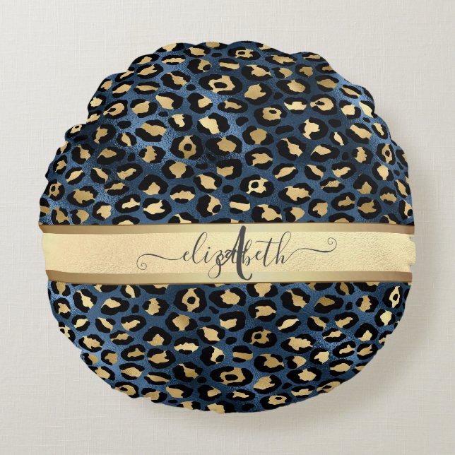 Leopard Pattern Blue Gold Monogram Rond Kussen (Voorkant)
