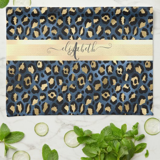 Leopard Pattern Blue Gold Monogram Theedoek (Gevouwen)