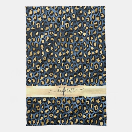 Leopard Pattern Blue Gold Monogram Theedoek (Verticaal)