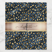 Leopard Pattern Blue Gold Monogram Wijn Etiket (Enkel label)