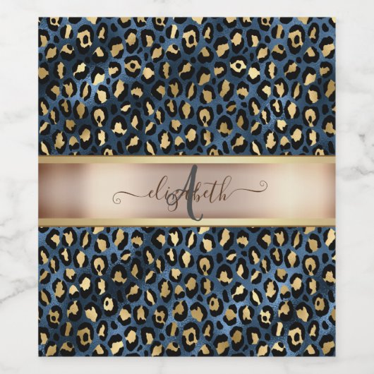 Leopard Pattern Blue Gold Monogram Wijn Etiket (Enkel label)
