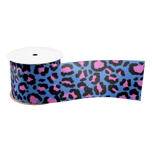Leopard Pattern in Raspberry op Electric Blue Satijnen Lint (Spoel)