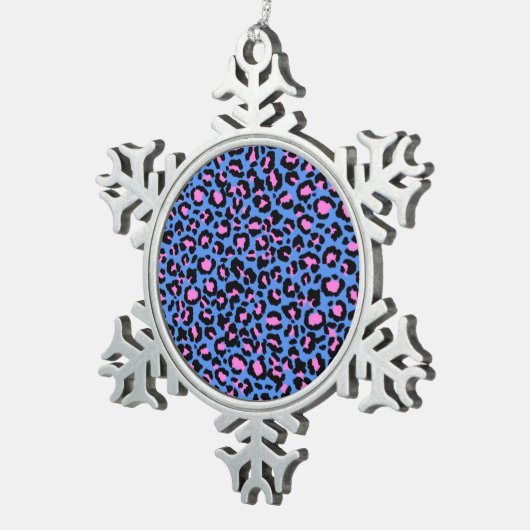 Leopard Pattern in Raspberry op Electric Blue Tin Sneeuwvlok Ornament (Rechts)