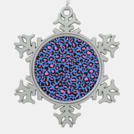 Leopard Pattern in Raspberry op Electric Blue Tin Sneeuwvlok Ornament