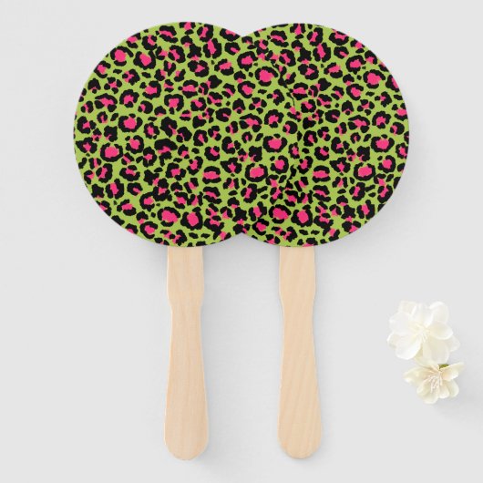 Leopard Pattern in Raspberry op Lime Green Handwaaier (Voorkant en achterkant)