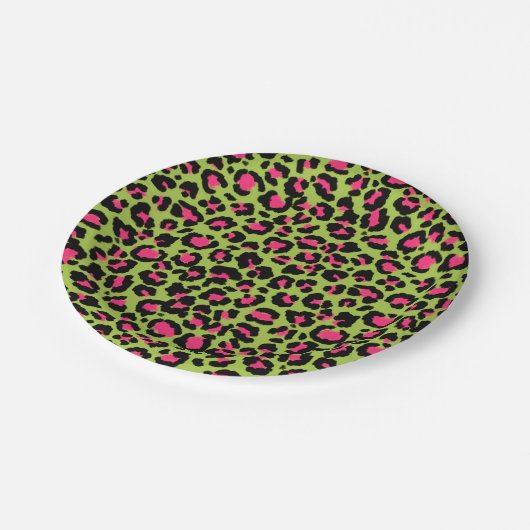 Leopard Pattern in Raspberry op Lime Green Papieren Bordje (Gekanteld)