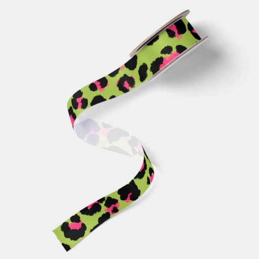 Leopard Pattern in Raspberry op Lime Green Satijnen Lint (Achterkant)