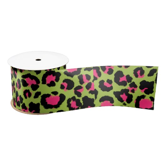 Leopard Pattern in Raspberry op Lime Green Satijnen Lint (Spoel)
