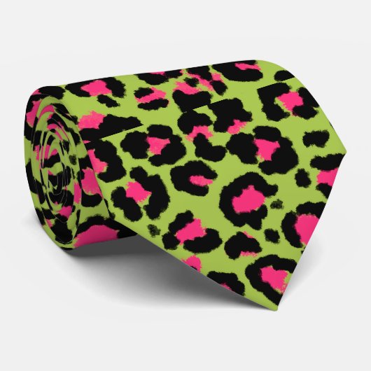Leopard Pattern in Raspberry op Lime Green Stropdas (Opgerold)