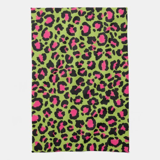 Leopard Pattern in Raspberry op Lime Green Theedoek (Verticaal)