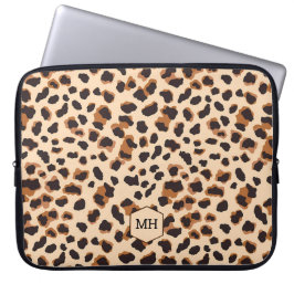 Leopard Pattern Monogram Bruin Chic Initialen Laptop Sleeve