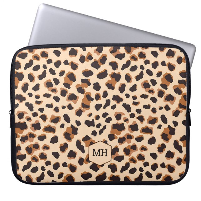 Leopard Pattern Monogram Bruin Chic Initialen Laptop Sleeve (Voorkant)