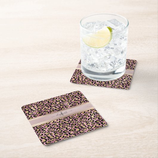 Leopard Pattern Monogram Roos Gold Black Kartonnen Onderzetters (Insitu)