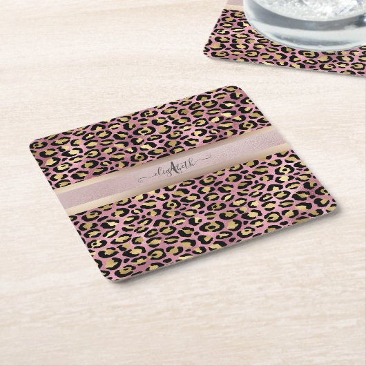 Leopard Pattern Monogram Roos Gold Black Kartonnen Onderzetters (Schuin)