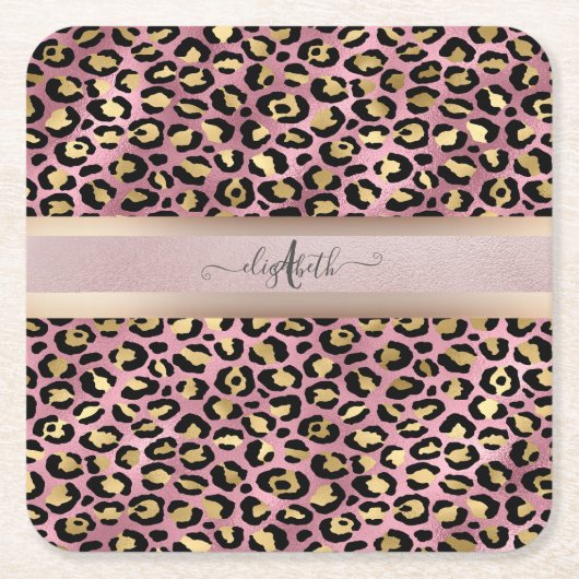 Leopard Pattern Monogram Roos Gold Black Kartonnen Onderzetters (Voorkant)
