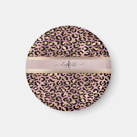Leopard Pattern Monogram Roos Gold Black Magneet (Voorkant)