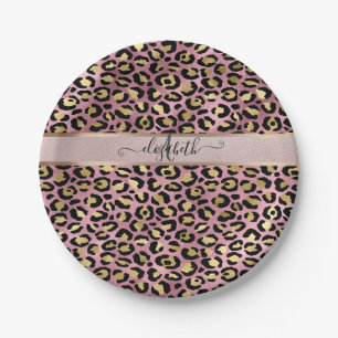 Leopard Pattern Monogram Roos Gold Black Papieren Bordje