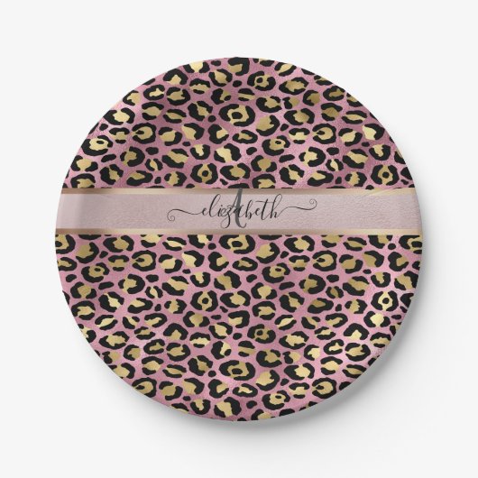 Leopard Pattern Monogram Roos Gold Black Papieren Bordje (Voorkant)