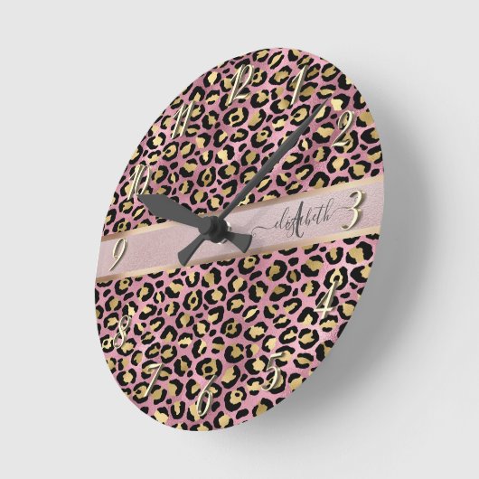 Leopard Pattern Monogram Roos Gold Black Ronde Klok (Hoek)