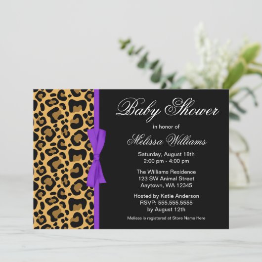 Leopard Pattern Paarse Gedrukt Lint Baby shower Kaart (Staand voorkant)