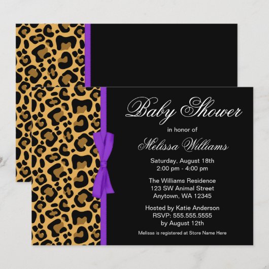 Leopard Pattern Paarse Gedrukt Lint Baby shower Kaart (Voorkant / Achterkant)
