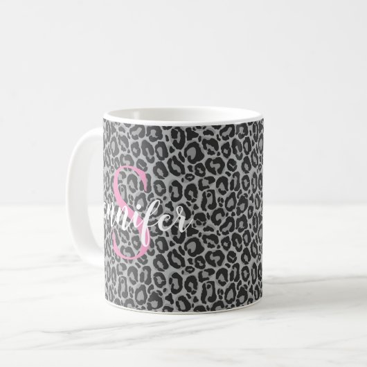 Leopard personaliseer roze monogram en naam koffiemok (Voorkant links)