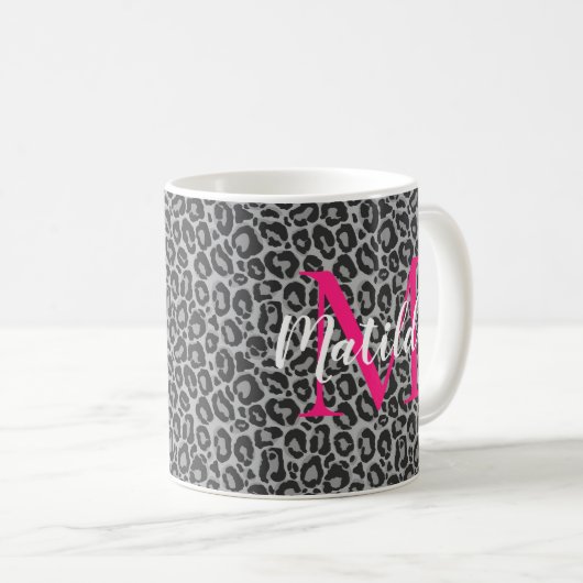 Leopard personaliseert warmroze monogram en naam koffiemok (Voorkant rechts)