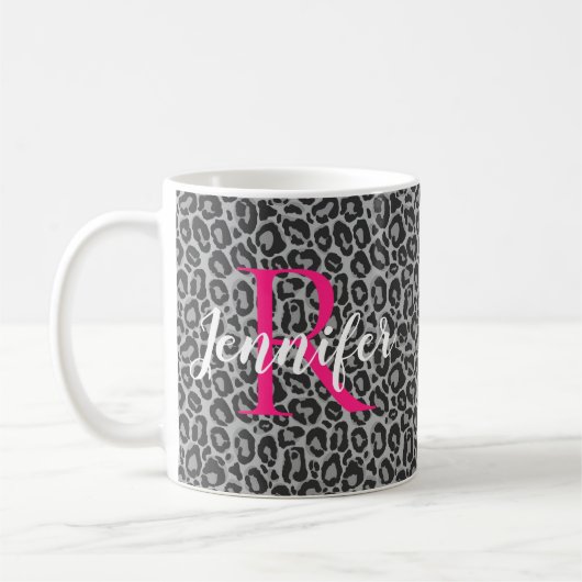 Leopard personaliseert warmroze monogram en naam koffiemok (Links)
