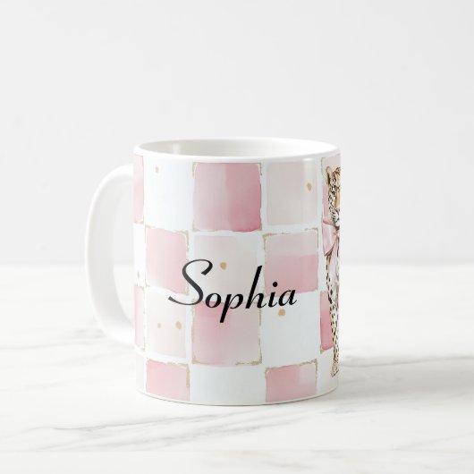 Leopard Pink Bow Squares Koffiemok (Voorkant links)