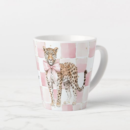 Leopard Pink Bow Squares Latte Mok (Rechterhoek)