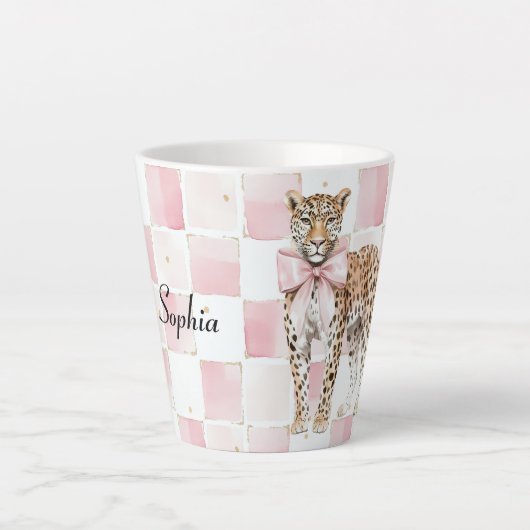 Leopard Pink Bow Squares Latte Mok (Voorkant)