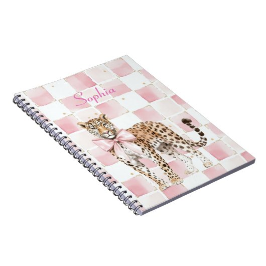 Leopard Pink Bow Squares Notitieboek (Rechterzijde)